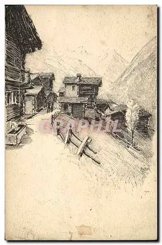 Ansichtskarte AK Fantaisie Illustrateur Village en montagne