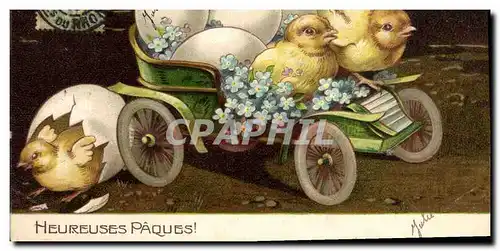 Cartes postales Fantaisie Fleurs Poussins Automobile