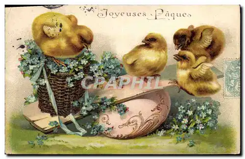 Cartes postales Fantaisie Fleurs Poussins Oeuf Paques