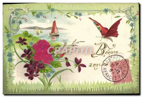 Ansichtskarte AK Fantaisie Fleurs Papillon Bateau