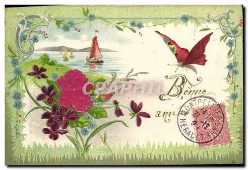 Cartes postales Fantaisie Fleurs Papillon Bateau