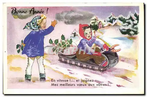 Cartes postales Fantaisie Illustrateur Enfants Luge Bonne annee