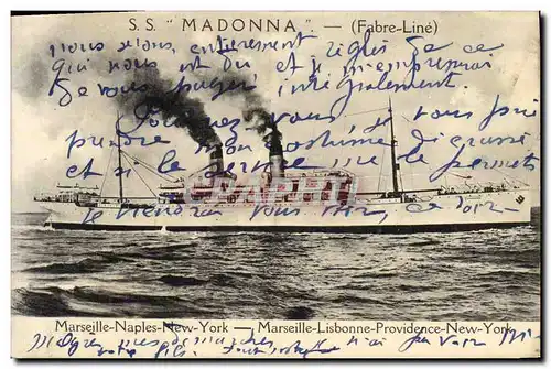 Cartes postales Bateau SS Madonna Marseille Naples New York Marseille Lisbonne Providence New York
