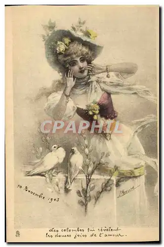 Cartes postales Fantaisie Illustrateur Femme Colombes