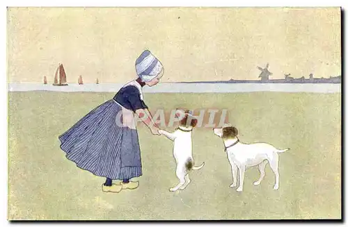 Cartes postales Fantaisie Illustrateur Enfant Moulin a vent Chien Hollande