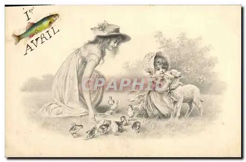 Cartes postales Fantaisie Femme Enfant Poussins Agneau