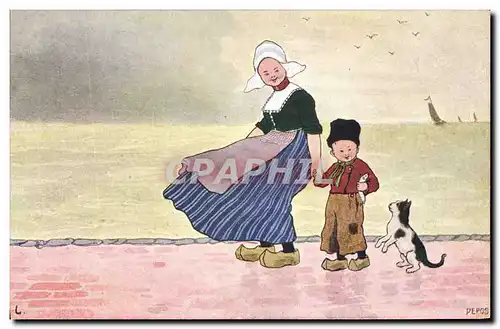 Cartes postales Fantaisie Illustrateur Hollande Femme Enfant Chat Chaton