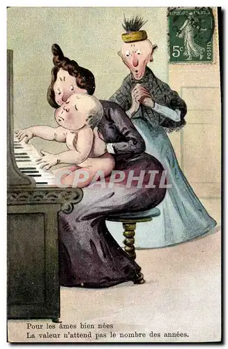 Cartes postales Fantaisie Illustrateur Femmes Enfant Bebe Piano