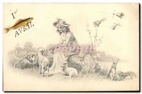 Ansichtskarte AK Fantaisie Illustrateur Femme Lapin Moutons 1er Avril Poisson