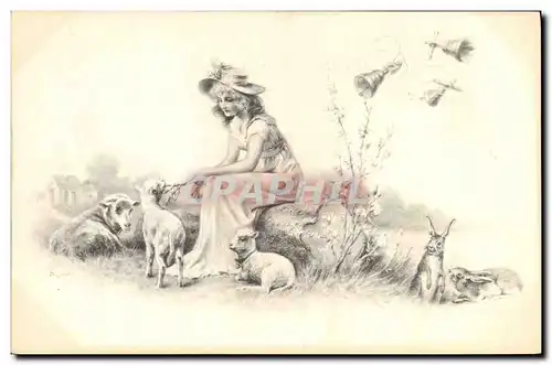 Cartes postales Fantaisie Illustrateur Femme Lapin Moutons