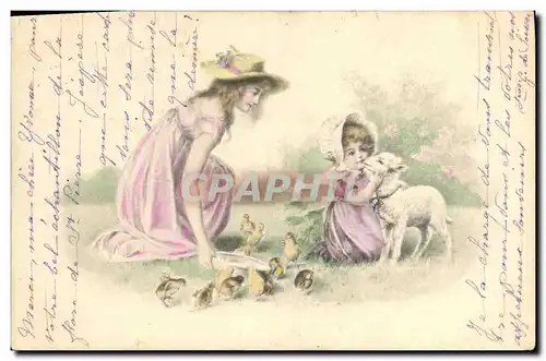 Cartes postales Fantaisie Illustrateur Femme Enfant Moutons Poussins