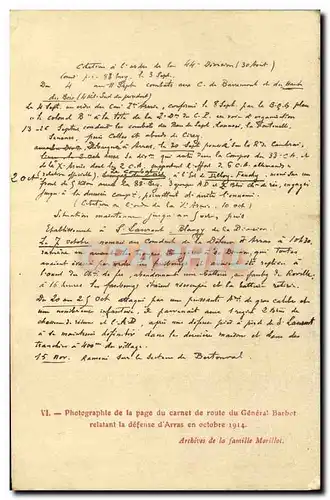 Cartes postales Militaria Photographie de la page de carnet de route du general Barbot relatant la defense d&#39
