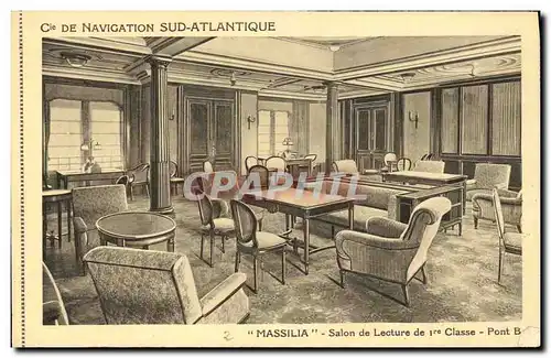 Cartes postales Bateau Cie de Navigation Sud Atlantique Massilia Salon de lecture de 1ere classe Pont B