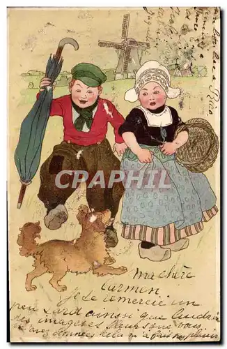 Cartes postales Fantaisie Illustrateur Enfants Folklore Moulin a vent Chien