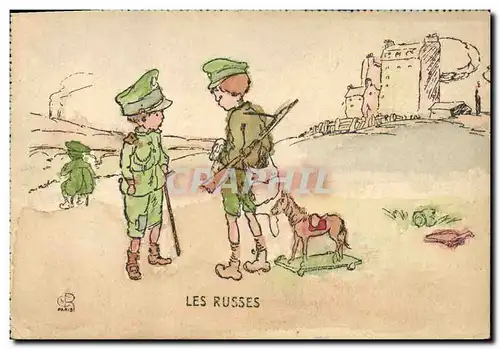 Cartes postales Fantaisie Illustrateur Enfants Les russes Russie Russia Cheval Militaria