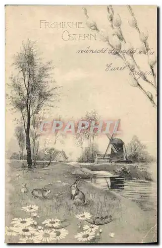 Cartes postales Fantaisie Moulin a vent Lapin