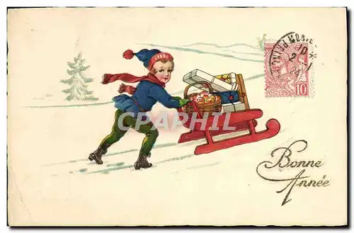 Cartes postales Fantaisie Illustrateur Enfant Luge Bonne annee