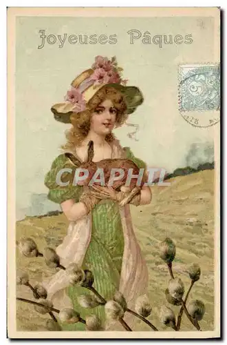 Cartes postales Fantaisie Illustrateur Femme Lapin Paques