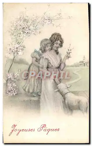 Cartes postales Fantaisie Femme Enfant Mouton Paques