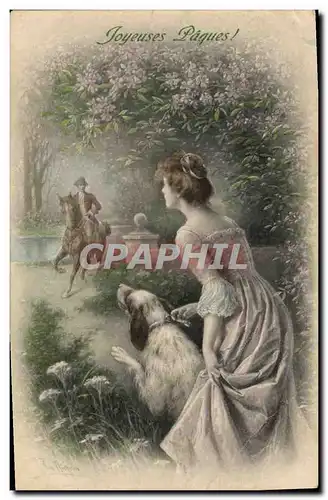 Cartes postales Fantaisie Femme Chien Paques