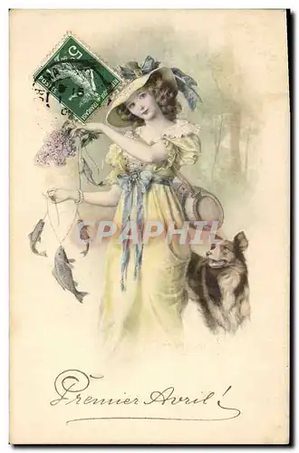 Cartes postales Fantaisie Femme Chien Poissons