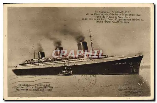 Cartes postales Bateau Paquebot Normandie de la Compagnie Generale Transatlantique