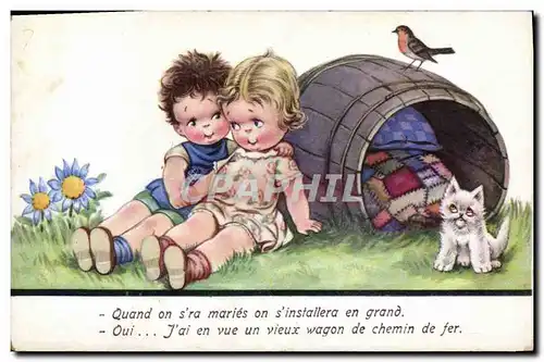 Ansichtskarte AK Fantaisie Enfants Oiseau Chat Chaton