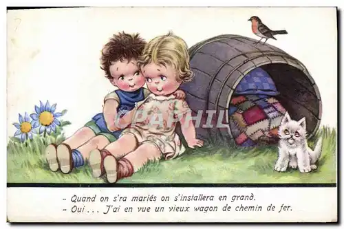 Cartes postales Fantaisie Enfants Oiseau Chat Chaton