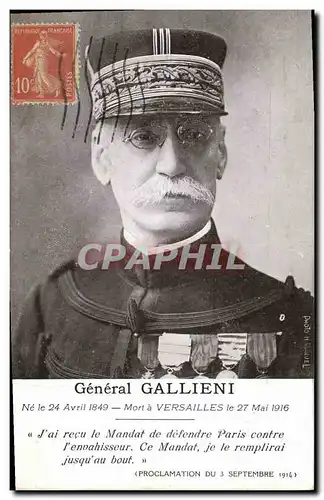 Cartes postales Militaria General Gallieni Mort a Versailles