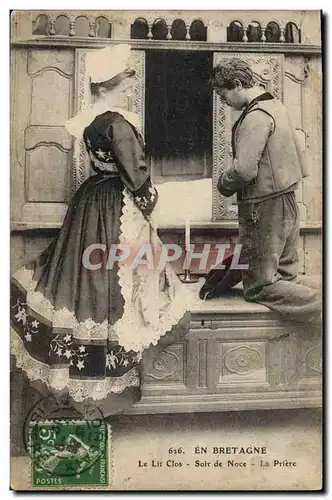 Vintage Postcard Folklore Brittany Closed Beds Evening of wedding the prayer�