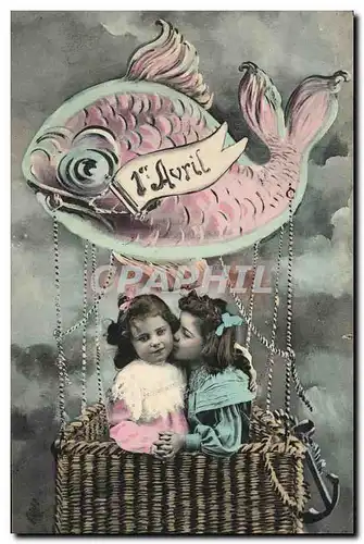 Cartes postales Fantaisie Paques Poisson Enfants 1er Avril Ballon Mongolfiere