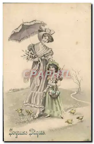 Cartes postales Fantaisie Femme Enfant Poussins Paques