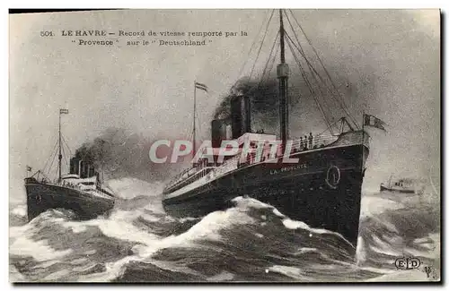 Cartes postales Bateau Paquebot Le Havre Record de vitesse remporte par le Provence sur le Deutschland