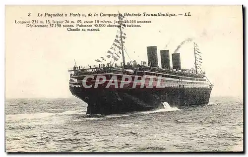 Cartes postales Bateau Paquebot Paris de la Compagnie Generale Transatlantique
