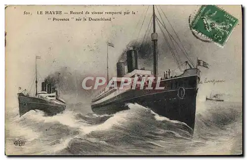 Cartes postales Bateau Paquebot Le Havre Record de vitesse remporte par le provence sur le Deutschland