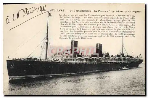 Cartes postales Bateau Paquebot Le Havre Le Transatlantique La Provence