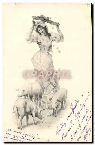 Cartes postales Fantaisie Illustrateur Femme Cochon Porc