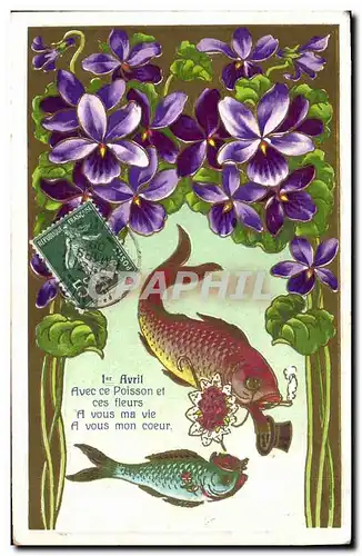 Cartes postales Fantaisie Poissons Cigarette 1er Avril Fleurs