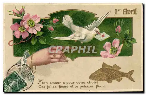 Cartes postales Fantaisie Poisson 1er Avril Colombe Fleurs