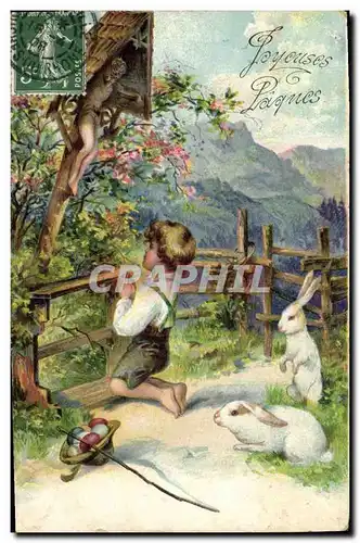 Cartes postales Fantaisie Enfant Lapins Paques