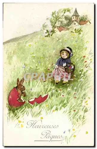 Ansichtskarte AK Fantaisie Enfant Lapin Paques