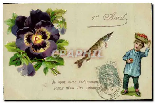 Cartes postales Fantaisie Paques Poisson Enfant Fleurs