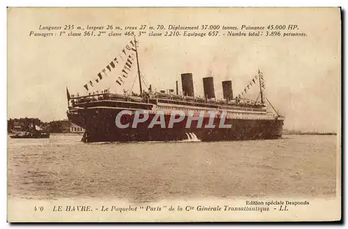 Ansichtskarte AK Bateau Paquebot Le Havre Le Paquebot Paris de la Cie Generale Transatlantique