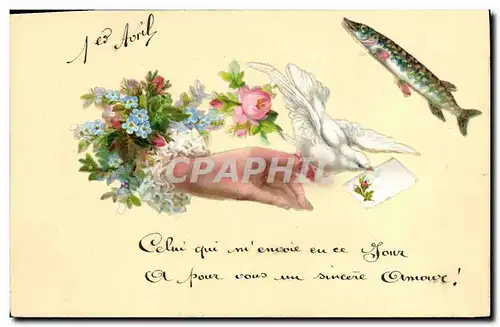 Cartes postales Fantaisie Poisson 1er Avril Colombe Main