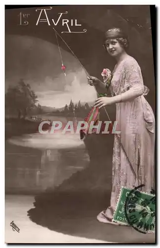 Cartes postales Fantaisie Poisson 1er Avril Femme Peche