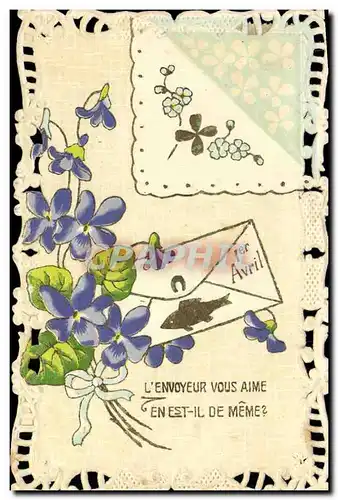 Cartes postales Fantaisie Brodee Poisson 1er Avril Fleurs