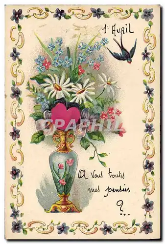 Cartes postales Fantaisie Poisson 1er Avril Fleurs Hirondelle
