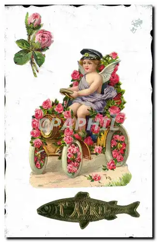 Cartes postales Fantaisie Poisson 1er Avril Ange Automobile