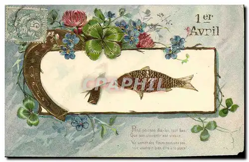 Cartes postales Fantaisie Poisson 1er Avril Fer a cheval Trefle