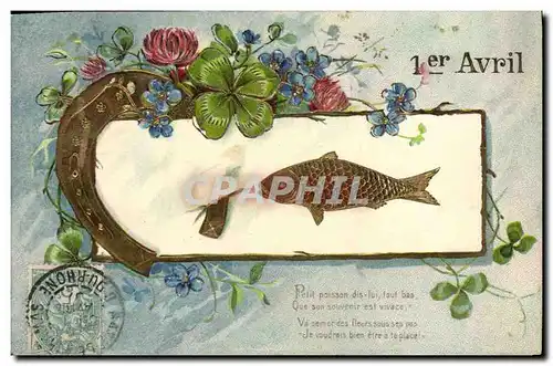 Cartes postales Fantaisie Poisson 1er Avril Fer a cheval Trefle